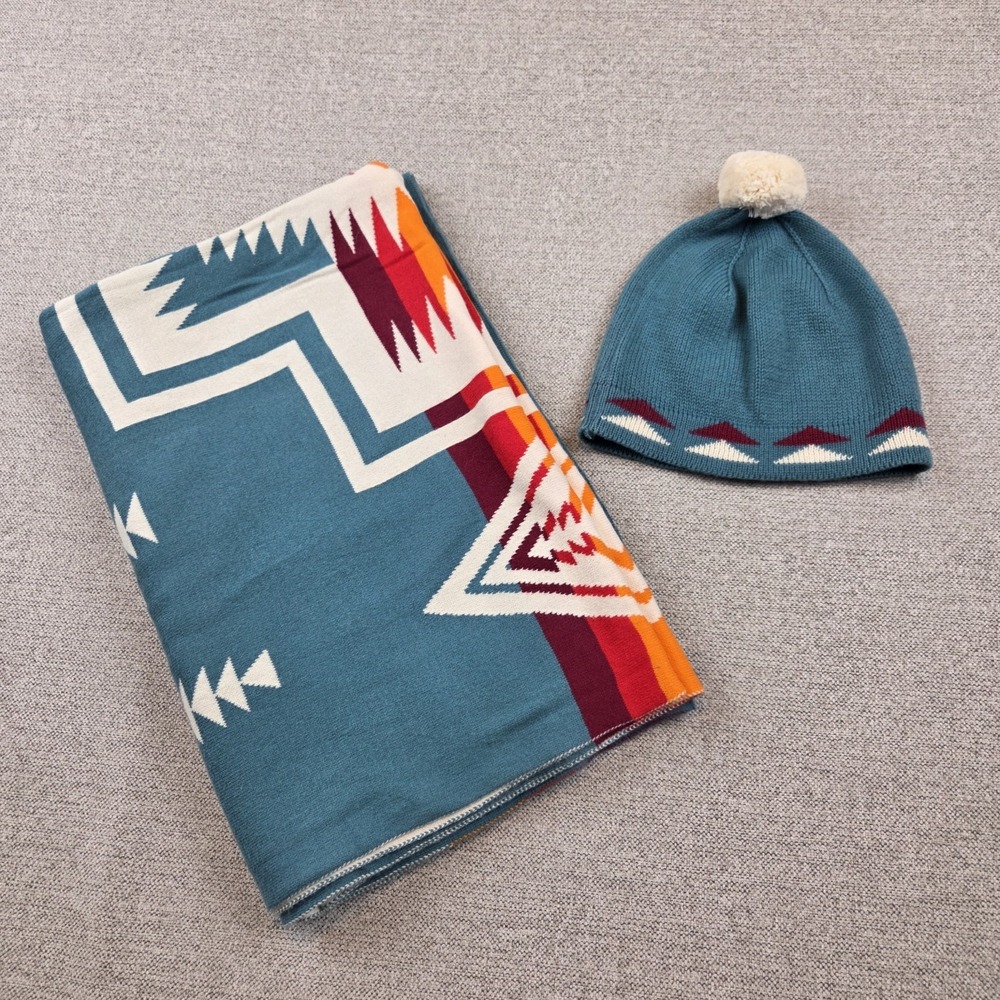 Pendleton Cotton Baby Blanket & Beanie Teal/White Reversible Southwest Aztec